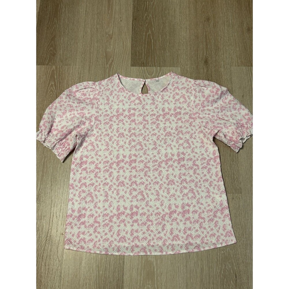 Textured Puffed Sleeve Pink & White Keyhole Back Blouse Sz Small